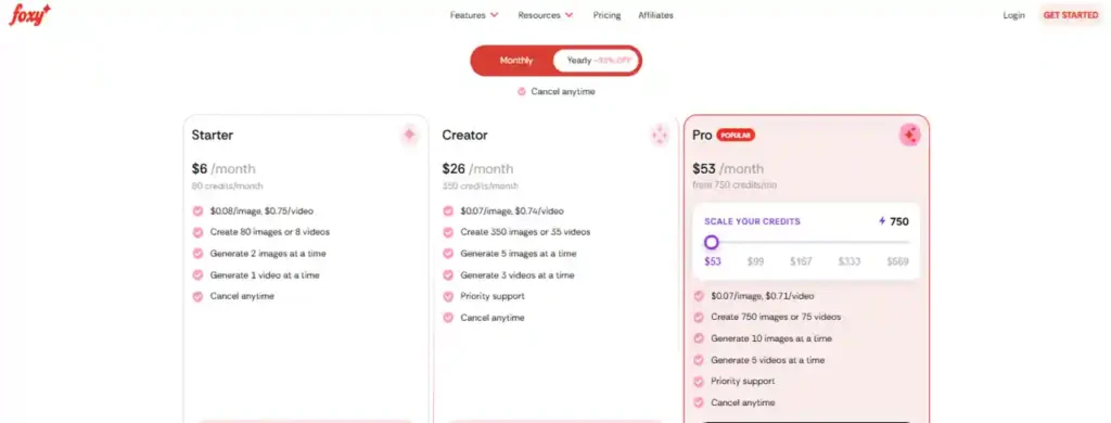 foxy ai Pricing